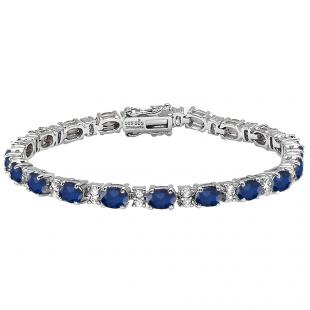 Sterling Silver 6X4 MM Each Oval Blue Sapphire & Round White Topaz Ladies Tennis Bracelet