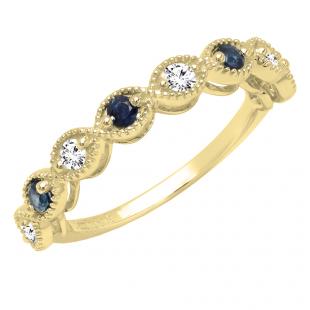 14K Yellow Gold Round Blue Sapphire & Round White Diamond Ladies Stackable Wedding Band