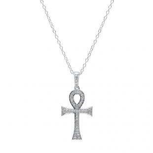 0.20 Carat (ctw) 10K White Gold Round Diamond Ladies Ankh Cross Pendant (Silver Chain Included)