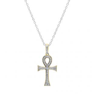 0.20 Carat (ctw) 14K Yellow Gold Round Diamond Ladies Ankh Cross Pendant (Silver Chain Included)