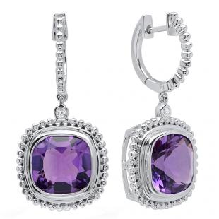 18K White Gold 10 MM Cushion Amethyst & Round Diamond Ladies Dangling Drop Earrings