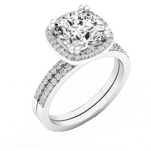 18K White Gold 8 MM Cushion Cubic Zirconia & Round Diamond Ladies Bridal Engagement Ring Set