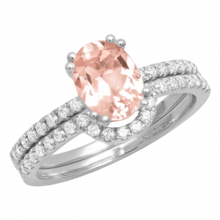 14K White Gold 8X6 MM Oval Morganite And Round Diamond Ladies Engagement Ring Set