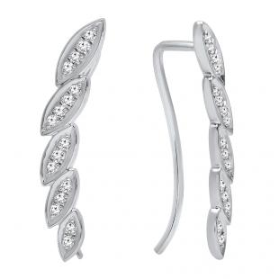0.20 Carat (ctw) Sterling Silver Round White Diamond Ladies Leaf Shaped Climber Earrings 1/5 CT