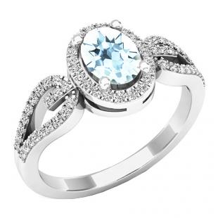 Sterling Silver 7X5 MM Oval Aquamarine & Round White Diamond Bridal Halo Engagement Ring