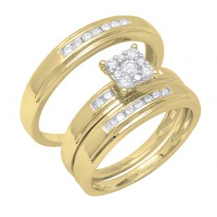 0.60 Carat (ctw) 18K Yellow Gold Round White Diamond Men & Women's Ring Trio Set