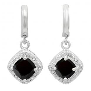 Sterling Silver Cushion Black Sapphire & Round White Diamond Ladies Dangling Drop Earrings