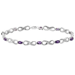 Sterling Silver 7X5 MM Each Oval Amethyst & Round White Diamond Ladies Infinity Link Tennis Bracelet