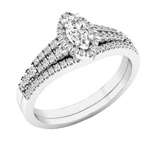 0.55 Carat (ctw) 10K White Gold Marquise & Round White Diamond Bridal Wedding Ring Set 1/2 CT