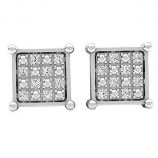 0.09 Carat (ctw) Platinum Plated Sterling Silver Round Diamond Mens Hip Hop Iced Stud Earrings
