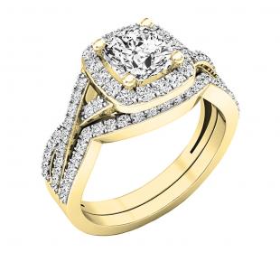10K Yellow Gold Cushion & Round White Cubic Zirconia CZ Ladies Bridal Engagement Ring Set