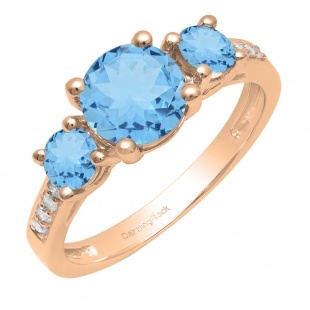 10K Rose Gold 7 MM Round Blue Topaz And Round White Diamond Ladies 3 Stone Engagement Ring