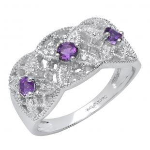 14K White Gold Round Amethyst & White Diamond Ladies Bridal Engagement Ring
