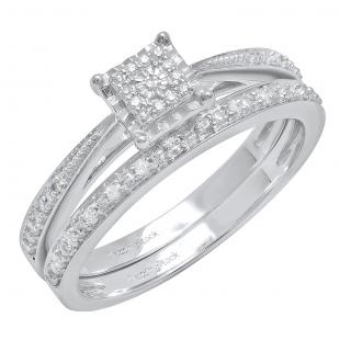 0.15 Carat (ctw) 14K White Gold Round White Diamond Vintage Bridal Engagement Ring Set