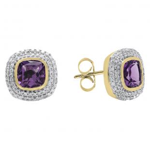 14K Yellow Gold 5 MM Cushion Amethyst & Round Diamond Ladies Stud Earrings
