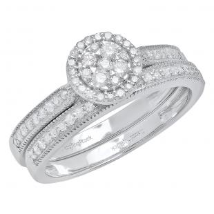 0.45 Carat (ctw) 10K White Gold Round White Diamond Ladies Cluster Bridal Engagement Ring Set 1/2 CT