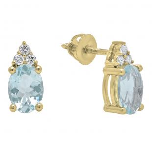 18K Yellow Gold 7X5 MM Oval Aquamarine & Round Diamond Ladies Stud Earrings