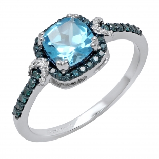 10K White Gold 6 MM Cushion Blue Topaz & Round Blue & White Diamond Ladies Engagement Ring