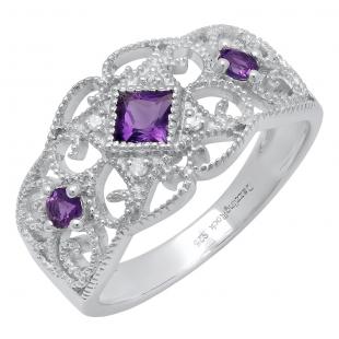 Sterling Silver Round & Princess Amethyst & Round Diamond Ladies Engagement Ring
