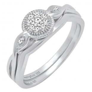 0.10 Carat (ctw) Sterling Silver Round Diamond Ladies Bridal Vintage Engagement Ring Set 1/10 CT