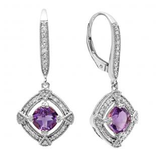 14K White Gold 6 MM Cushion Amethyst & Round Diamond Ladies Dangling Drop Earrings