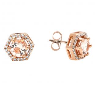 14K Rose Gold 5 MM Round Morganite & Diamond Ladies Fashion Hexagon Stud Earrings