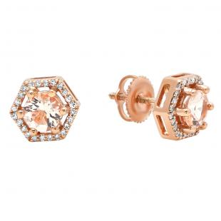 18K Rose Gold 5 MM Round Morganite & Diamond Ladies Fashion Hexagon Stud Earrings
