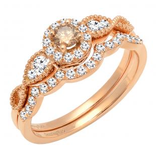 0.60 Carat (ctw) 10K Rose Gold Round Champagne & White Diamond Ladies Vintage Engagement Ring Set