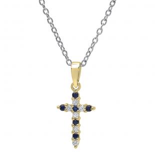 10K Yellow Gold Round Blue Sapphire & White Diamond Ladies Cross Pendant