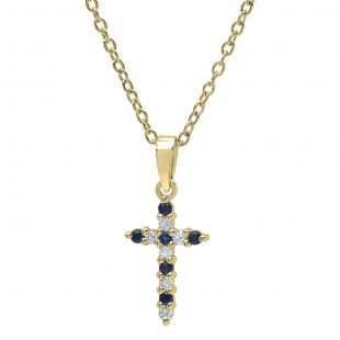 14K Yellow Gold Round Blue Sapphire & White Diamond Ladies Cross Pendant