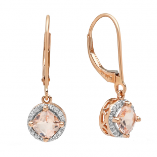 18K Rose Gold 5 MM Each Cushion Morganite & Round Diamond Ladies Halo Style Dangling Drop Earrings