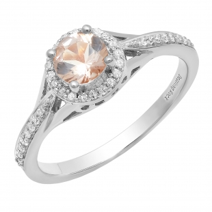 14K White Gold 5 MM Round Morganite & White Diamond Ladies Halo Style Bridal Engagement Ring