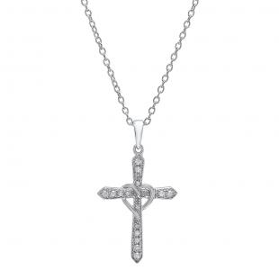 0.10 Carat (ctw) Sterling Silver Round White Diamond Ladies Cross & Heart Pendant 1/10 CT