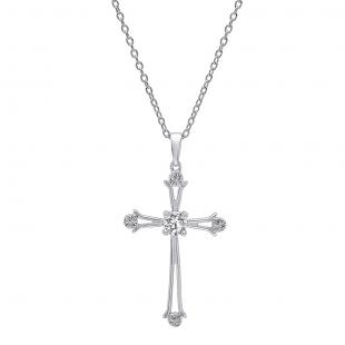 Sterling Silver 4 MM Round White Sapphire Ladies Cross Pendant