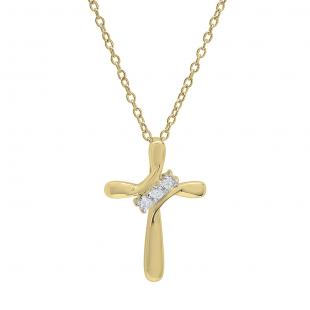0.10 Carat (ctw) 10K Yellow Gold Round White Diamond Ladies Looping Cross Pendant 1/10 CT