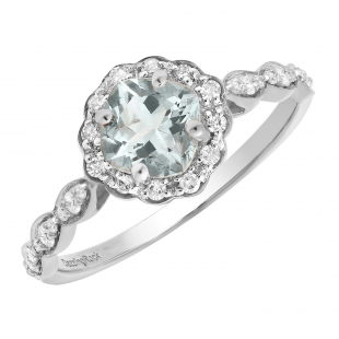10K White Gold 5.5 MM Cushion Aquamarine & Round Diamond Ladies Halo Engagement Ring