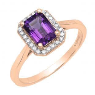 10K Rose Gold 7X5 MM Emerald Amethyst And Round Diamond Ladies Bridal Engagement Ring