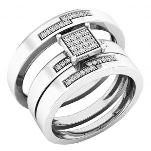 0.15 Carat (ctw) Sterling Silver Round Diamond Men's & Women's Engagement Ring Trio Set