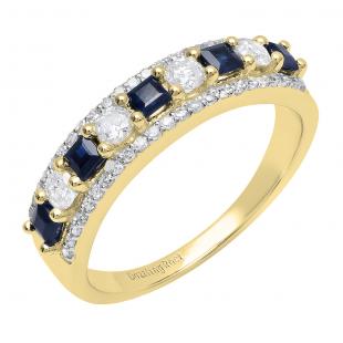 14K Yellow Gold Princess Blue Sapphire & Round White Diamond Ladies Anniversary Wedding Band