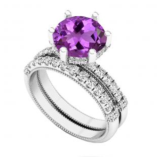10K White Gold 8.5 MM Round Amethyst & Diamond Ladies Vintage Engagement Ring Set