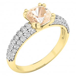 14K Yellow Gold 6 MM Cushion Morganite & Round White Diamond Ladies Bridal Engagement Ring