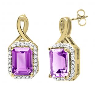 10K Yellow Gold 7X5 MM Emerald Amethyst & Round Diamond Ladies Infinity Drop Earrings