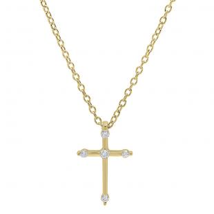0.15 Carat (ctw) 10K Yellow Gold Round Diamond Ladies Cross Pendant (Gold Chain Included)