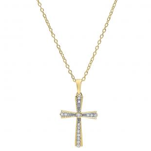 0.15 Carat (ctw) 10K Yellow Gold Round Diamond Ladies Cross Pendant (Gold Chain Included)