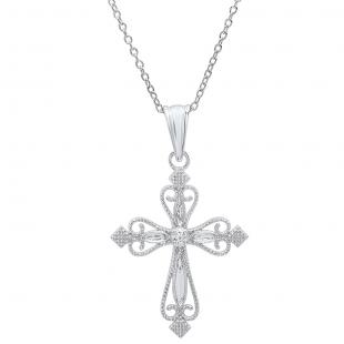 0.10 Carat (ctw) 10K White Gold Round White Diamond Ladies Vintage Style Cross Pendant 1/10 CT
