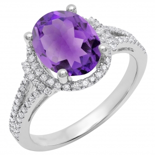 10K White Gold 10X8 MM Oval Amethyst & Round White Diamond Ladies Split Shank Halo Engagement Ring