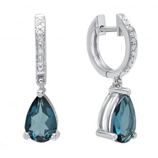 14K White Gold 9X6 MM Each Pear London Blue Topaz & Round Diamond Ladies Dangling Drop Earrings