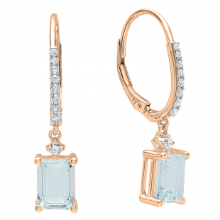 14K Rose Gold 8X6 MM Each Emerald Shape Aquamarine & Round White Diamond Drop Earrings