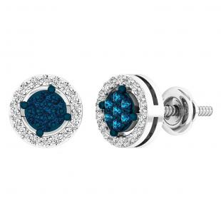 0.28 Carat (ctw) 14K White Gold Round White & Blue Diamond Ladies Cluster Stud Earrings 1/4 CT