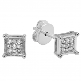 0.05 Carat (ctw) Platinum Plated Sterling Silver Round Diamond Mens Iced Stud Earrings (PushBack)